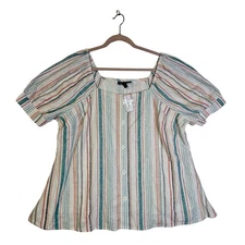 Lane Bryant Sz18 NWT Square Neck Striped Buttondown linen blue n pink blouse.