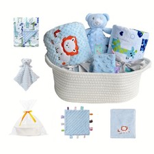 CREVENT Baby Welcome Gift Set Storage Basket with 2 Blankets 1 Security Blan...