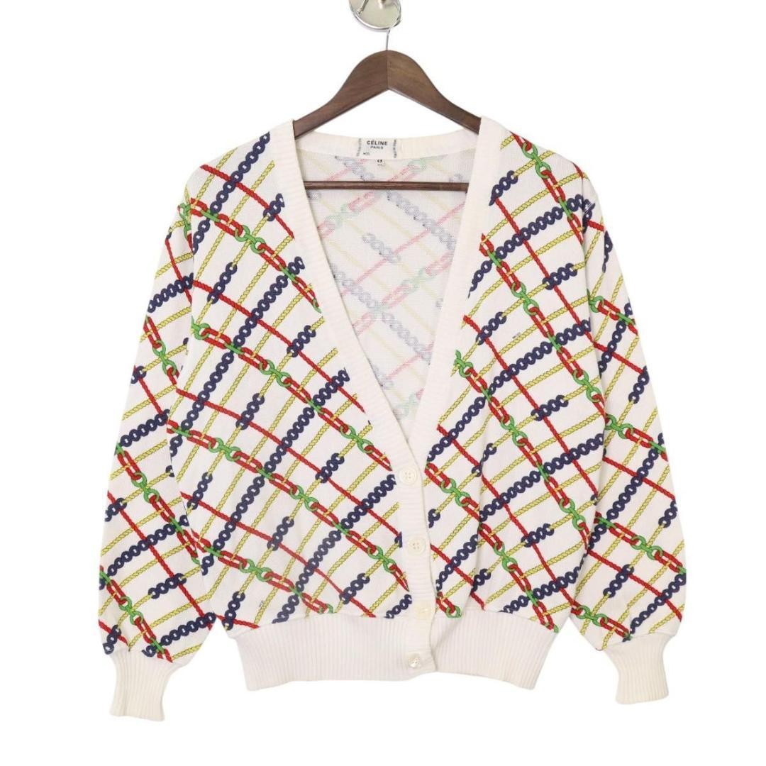 CELINE Cotton V-Neck Chain Patterned Cardigan Off… - image 1
