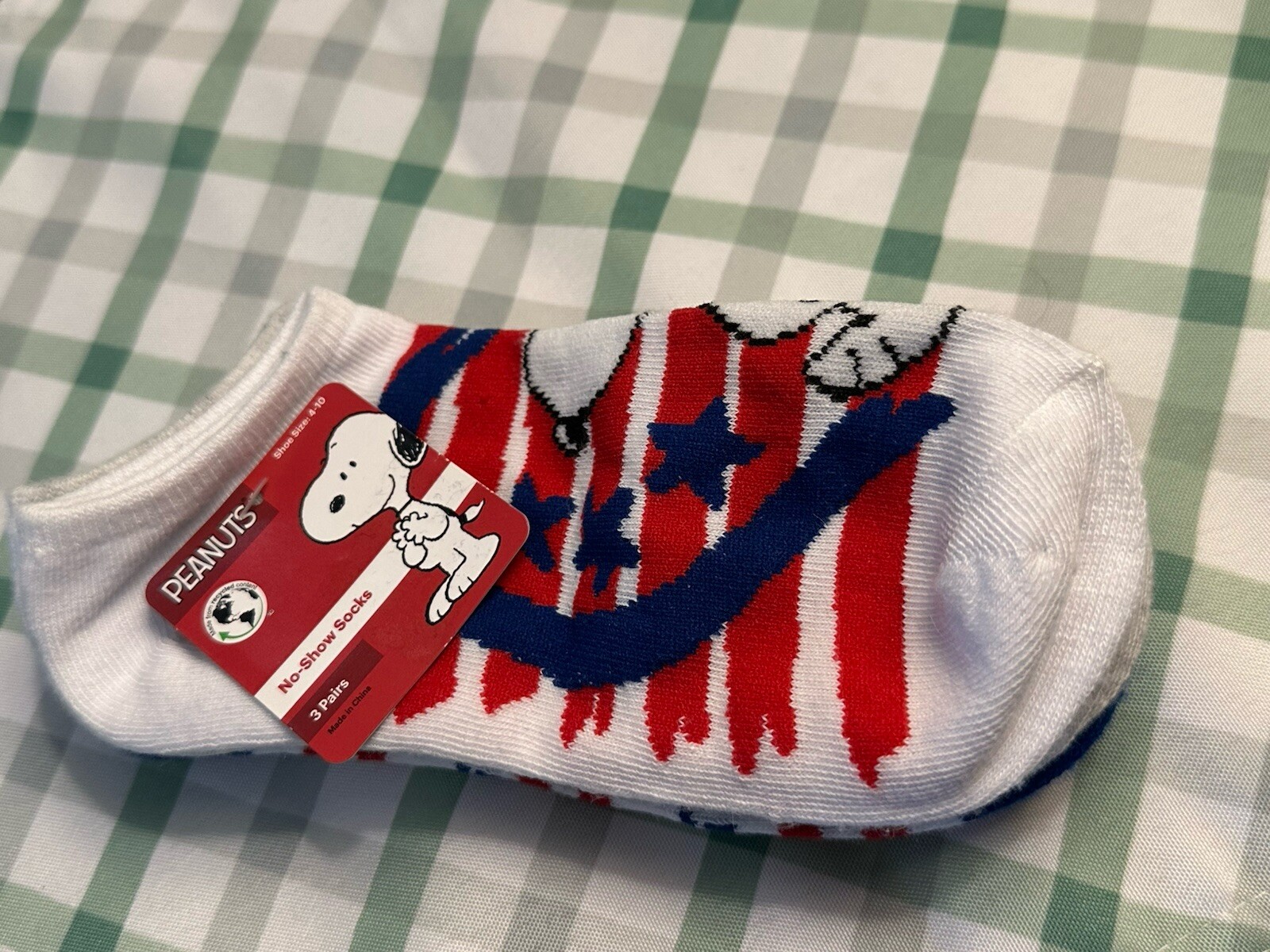 Patriotic Peanuts Snoopy No-Show Socks 3-Pack Size 4-10 USA Stars July 4th-image