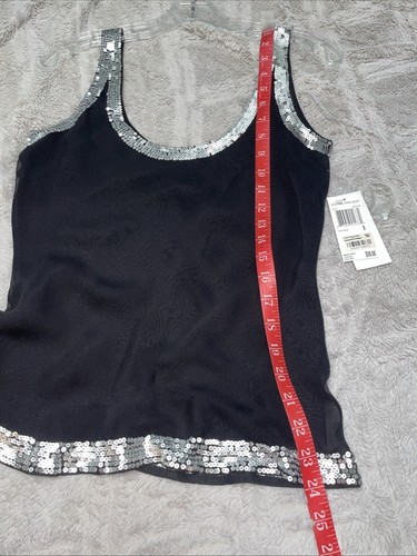 Top Aqua Talla Pequeña Sin Mangas 100% Seda Negro/Plateado Lentejuelas Ribete Nuevo con Etiquetas - Imagen 13 de 18