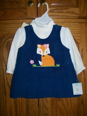 Petit Ami Jumper Navy Blue Orange Fox Corduroy 2 pc Dress 3 M Months NWT