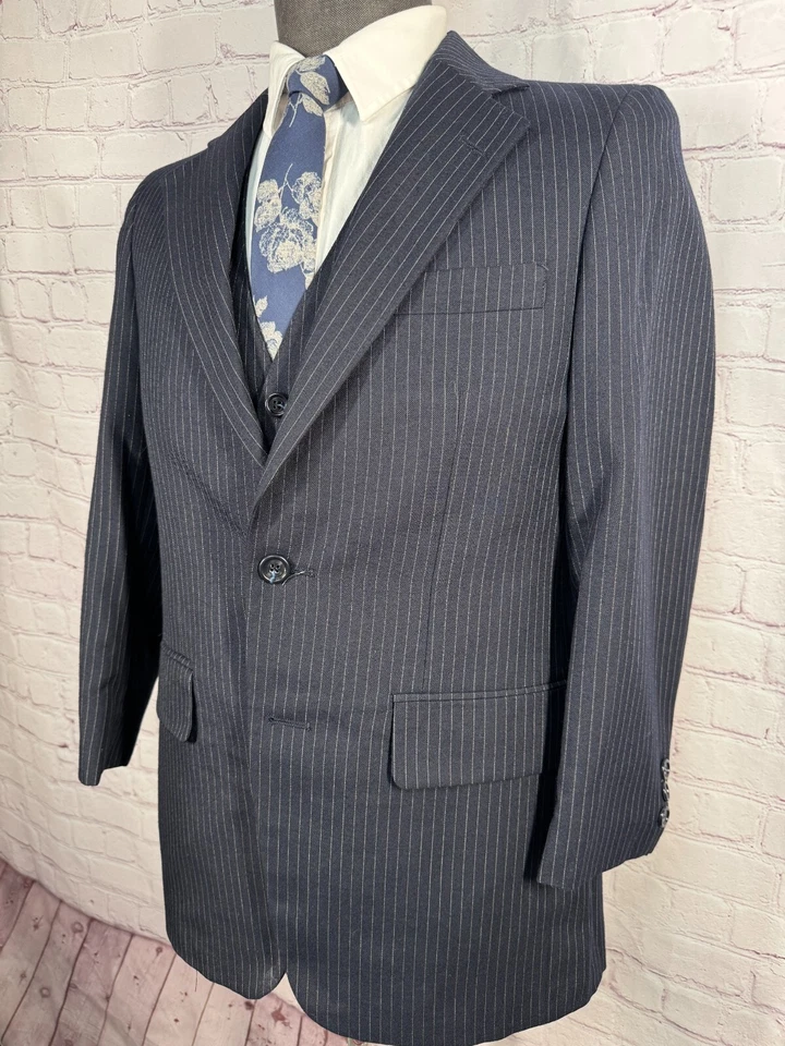 ADAMS ROW Mens Navy Blue PINSTRIPE Wool 2 Piece VEST Combo PAIR 36S Jacket - Image 2 of 4