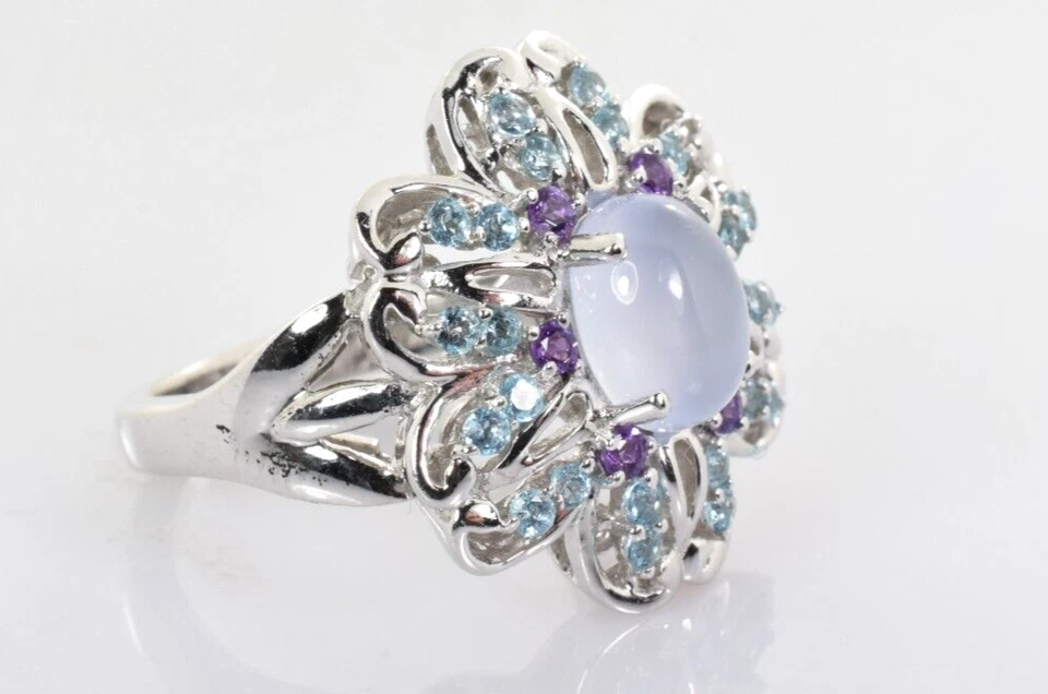 Anillo Amatista y Aguamarina Calcedonia Azul Oro Blanco 14k Talla 6 Foto 2 de 4