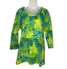 TOMMY BAHAMA Women M Green Blue Palm Leaves Tropical Cotton Pullover Hoodie Top