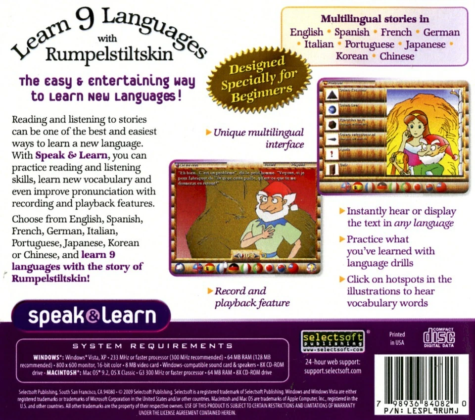 Learn 9 Languages with Rumpelstiltskin * PC Windows 10 / 8 / 7 / Vista / XP New - Image 2 of 2