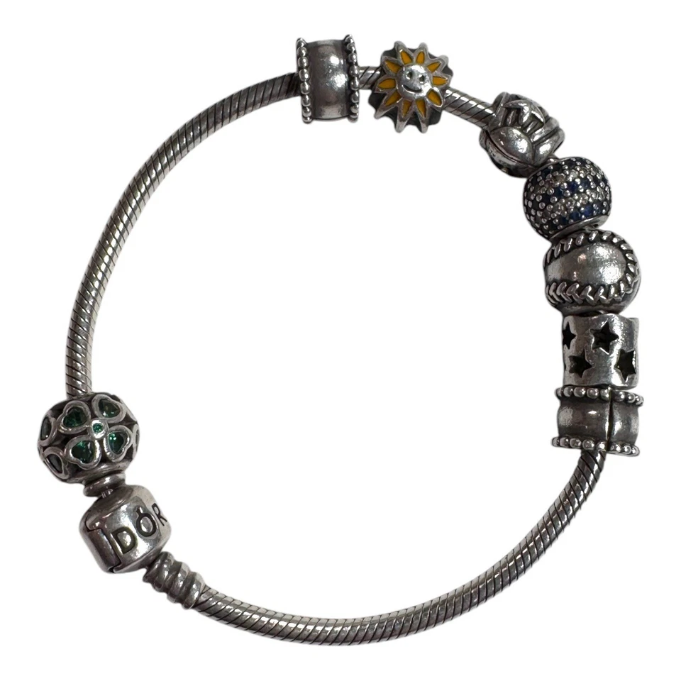 Pandora Silver Charm Bracelet Lot 8 Green Heart & Star Beads Baseball Sunflower - Image 2 of 4