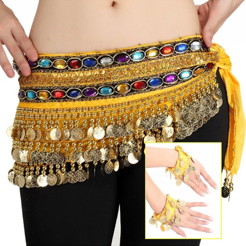 Goldmünzen Bauchtanz Hüftschal Set mit Zigeunerarmband 150 cm bunt Edelstein Gürtel