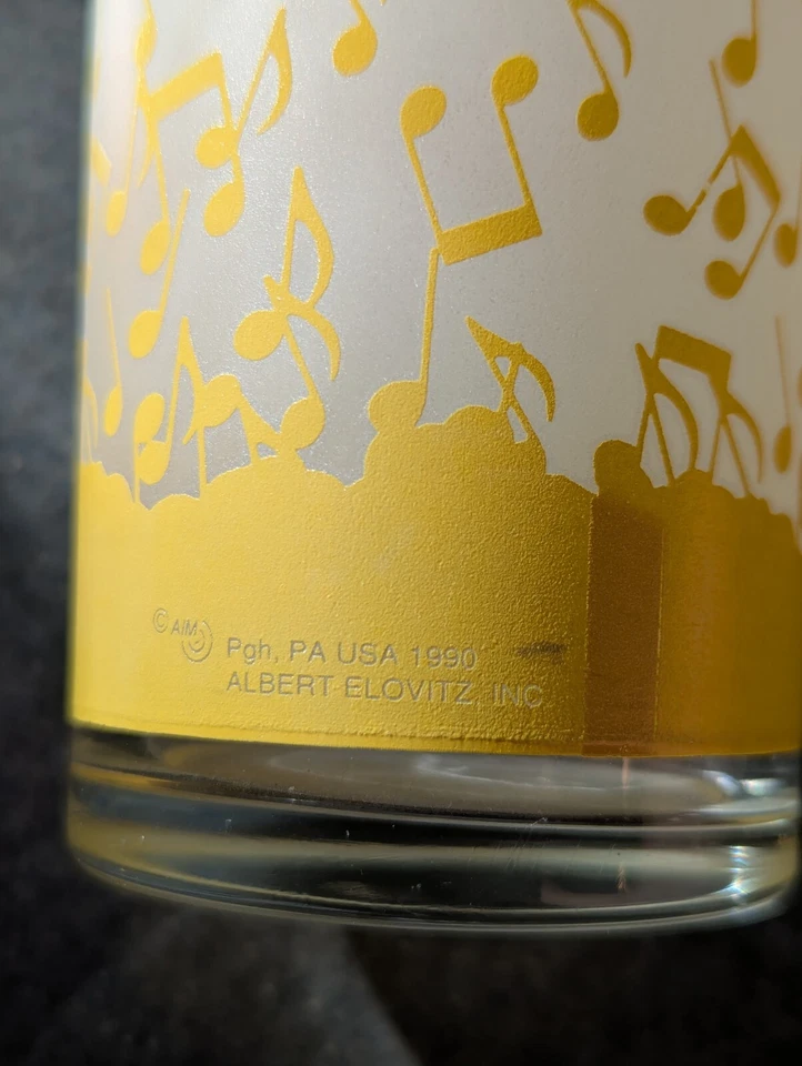 1990 LIBBEY ALBERT ELOVITZ Yellow Frosted MUSIC NOTES Highball Glass 12oz 7" VTG - Image 2 of 4