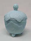 Vintage Fostoria Aqua Blue Milk Glass Grape Leaf Footed Candy Lidded Jar Dish