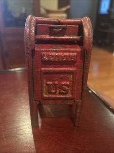 VTG RED CAST IRON US MAIL LETTERS MAILBOX STILL BANK GOOD BANK 5” TAL