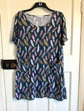 Nomads Tunic Dress Feather Print Pockets Short Sleeve Cotton Size 16