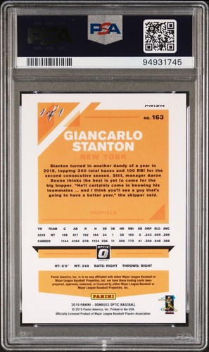 Panini Donruss Optic 2019 - Giancarlo Stanton #163 Vinile Oro 1/1 - Foto 2 di 2