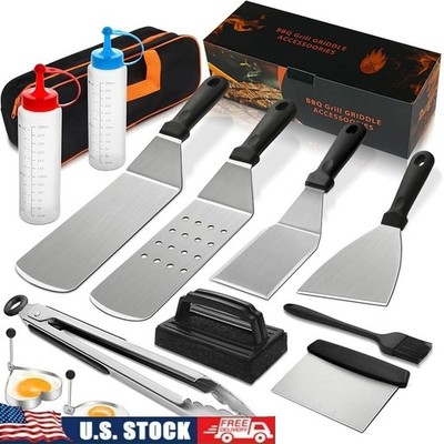 14pcs BBQ Griddle Accessories Set Stainless Steel Spatula Scraper Tongs Brush US