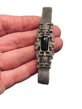 Vtge Mesh Bracelet Victorian Deco Revival Style Blk Enamel Magnetic Closure 7"