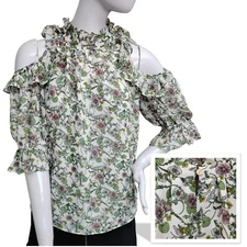 Max Studio Cold Shoulder Ruffle Top Size Medium Wild Flowers Print High Neckline