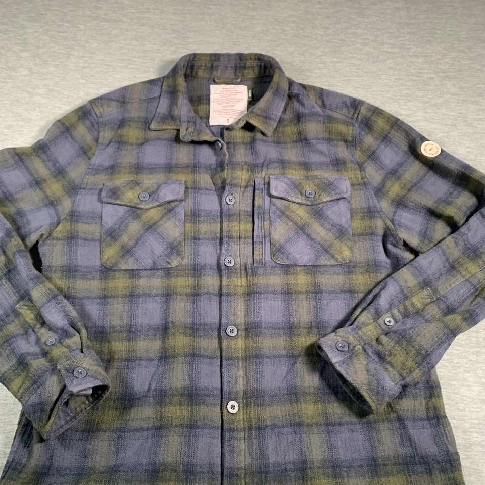 Globe Wanderer Shacket Shirt Mens XL Blue Green Plaid Organic Cotton Button Up - Image 2 of 4