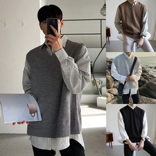 Men Knitted Sweater Vest Sleeveless Vneck Loose Fit Korean Style Tank Top
