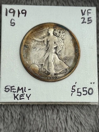 Semi-KEY 1919-S Walking Liberty Half Dollar VF+ with even wear and perfect rims!