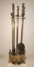 Brass Fireplace Tools 29" & Stand 34" Set, Stand, Fire Poker, Brush & Shovel 