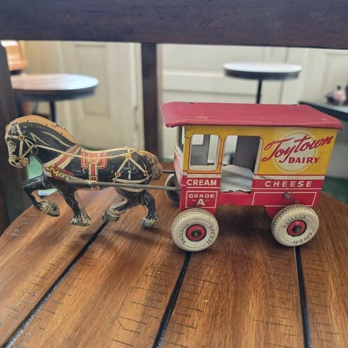 Antique Marx Tin Windup Toytown Dairy Horse and Wagon Toy