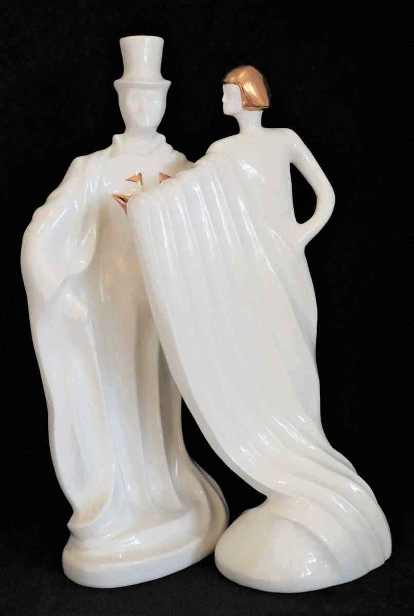 Vintage Mid Century Art Deco Style Pair of white & Gold Ceramic Figurines