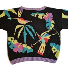 Vintage Rebecca Stone Chunky Knit Sweater 90s Size L Tropical Birds  Flowers