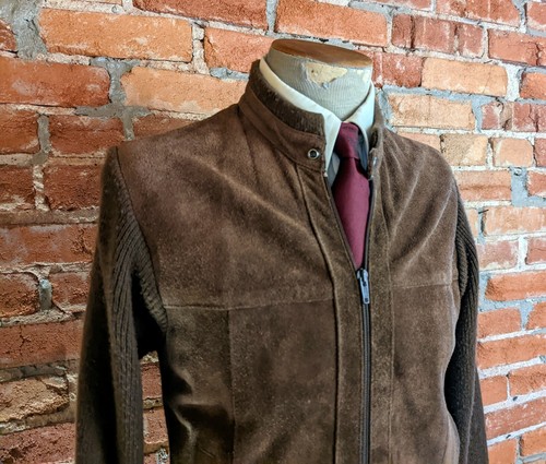 1980s Men's Suede Jacket Vintage Brown Leather & Knit Acrylic Café Racer Size M - Picture 3 of 10