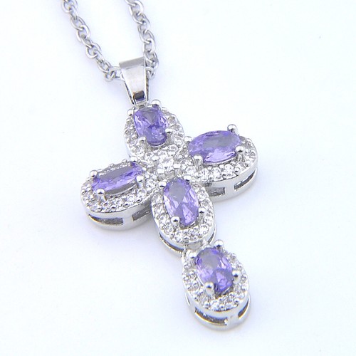 Xmas Mystical Natural Purple Amethyst Gemstone Silver Cross Necklace Pendants - Picture 2 of 10