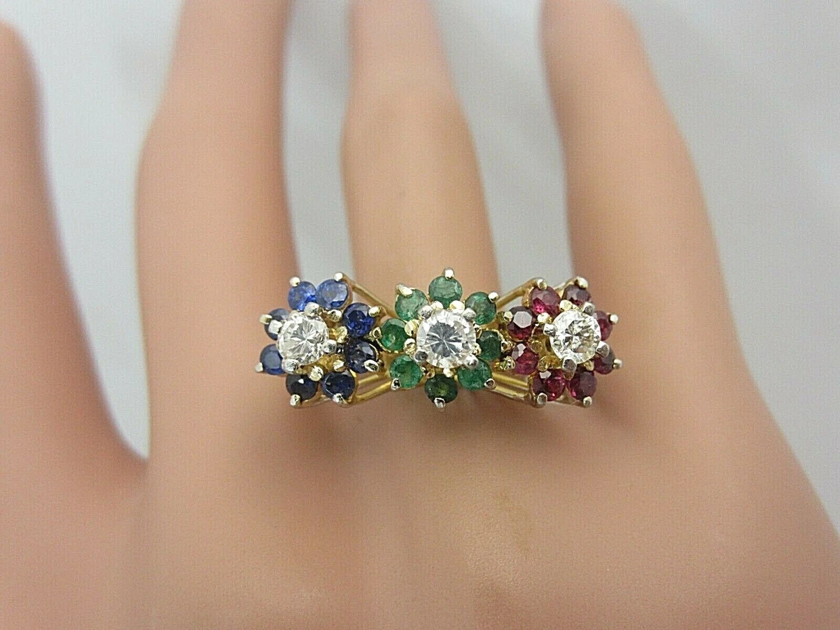 Vintage 14K White Gold Ring Emerald Ruby Blue Sapphire Diamonds eBay