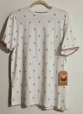 Men's Free Planet L Crew Neck Short Sleeve Holiday Flamingos with Santa Hats New