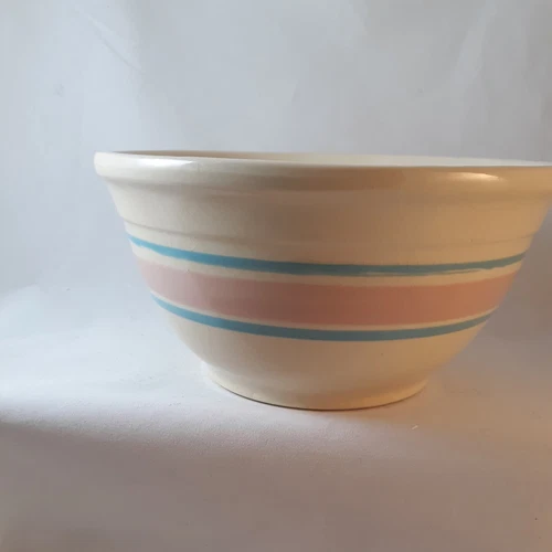 Vintage McCoy  Stonecraft Mixing Bowl Pink and Blue Bands  Ovenproof 8" 1970's