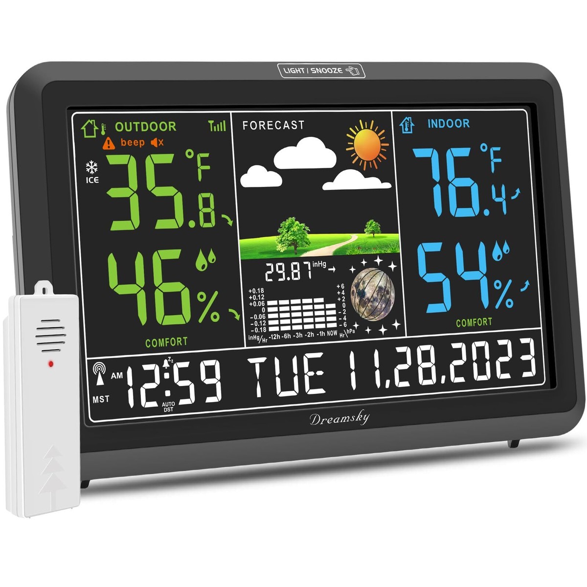Wireless Weather Station With 3 Sensors - Indoor Outdoor Thermometer, Atomic Clock, Forecast, Backlight