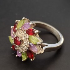 Vintage Sterling Silver 925 Multi-Gemstone Floral Ring 7.5 Colorful Cocktail VTG