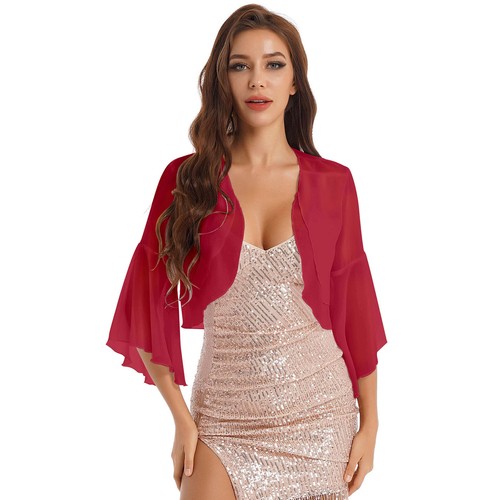 Women Chiffon 3/4 Bell Sleeve Open Front Sheer Shrug Bolero Cardigan Crop Tops - Picture 19 of 38