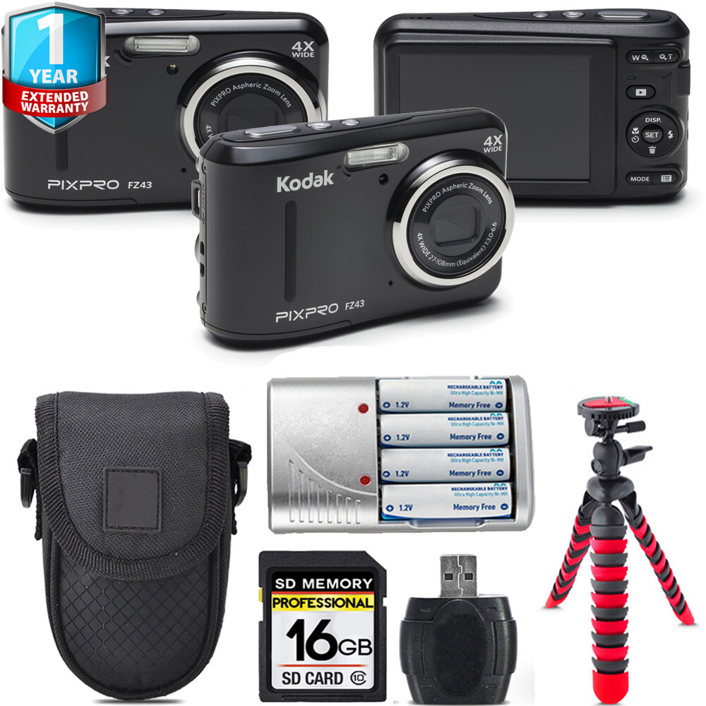 Kodak PIXPRO FZ43 Digital Camera (Black) + Extra Battery +1 Yr 