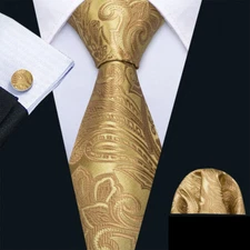 Barry Wang Mens Tie Gold Paisley Floral Necktie Hankie Cufflinks Set Wedding USA