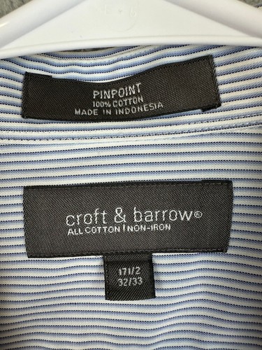 Croft Barrow Shirt Mens 17.5 32/33 Blue White Stripe Non-Iron Classic Fit Preppy - Picture 6 of 11