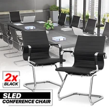 2 Pack Black Leather Sled Base Guest Chair Office Reception Clerk Seat w/Armrest