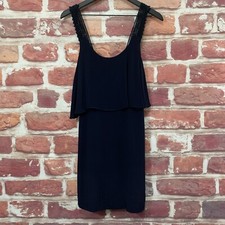 Anthropologie Maeve Dress Womens Size 0 Navy Blue Crochet Accent Tiered Zip Up