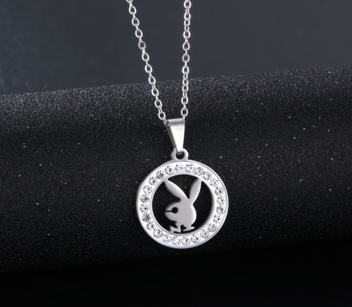 Titanium Silver White Unisex Punk OK Rabbit Playboy Round CZ