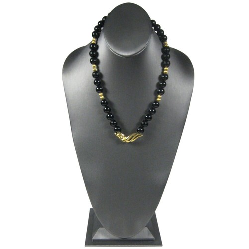 Black Plastic Beaded Necklace  21 inch  Goldtone Bib Vintage Strand 1970 1980 - Foto 4 di 8