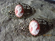 PAIR OF VICTORIAN WOMAN CAMEO GOLD FILIGREE BARRETTES - WEDDING