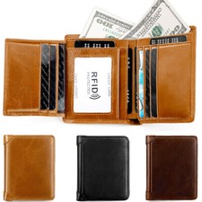 Minimalist Trifold Wallet Genuine Leather Men Wallet with ID Window 10 Card Slot
