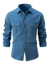 Camicia Maglia Maniche Lunghe Cargo Uomo Blu Elettrico Tasche Morbida 071458