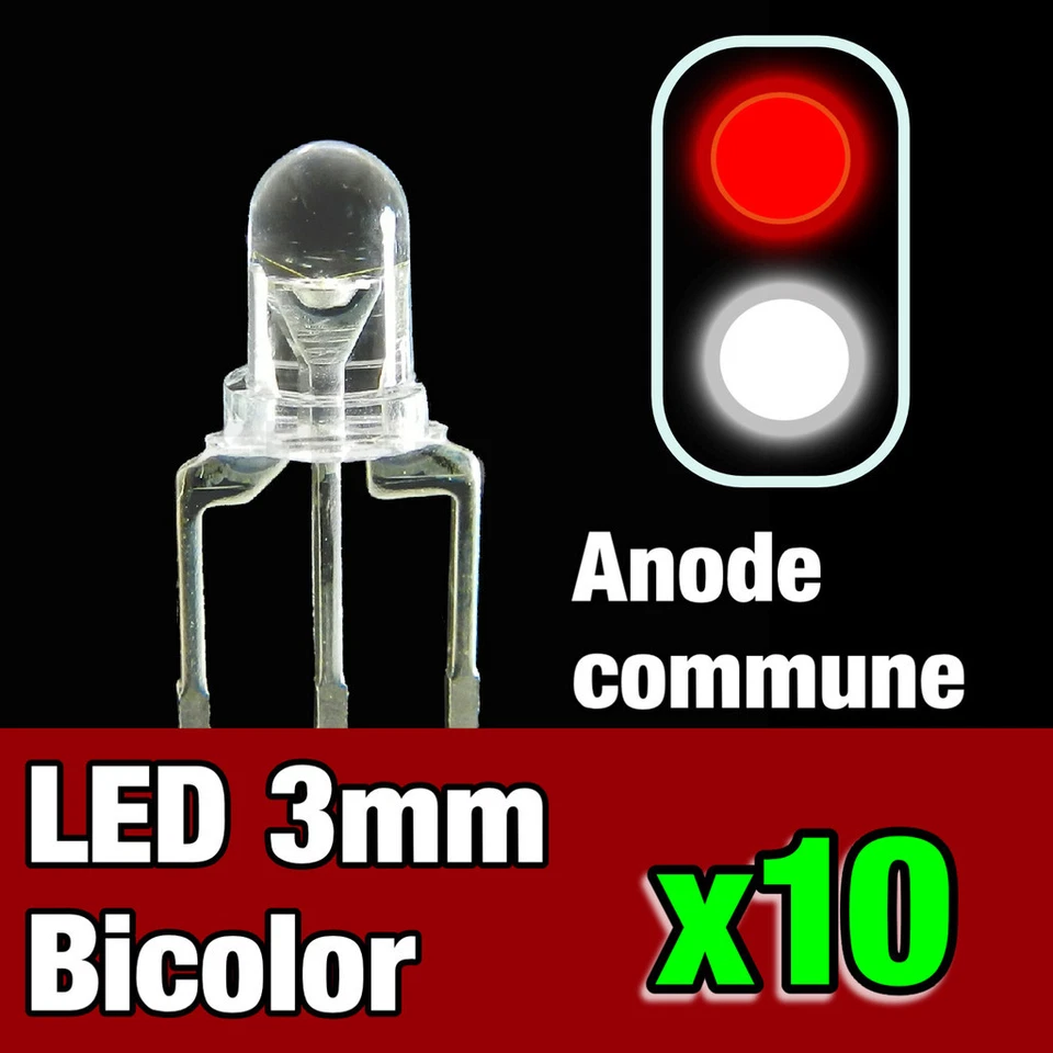 731/10# 10pcs LED bi-color anode commune 3mm blanc - rouge - idéal digital