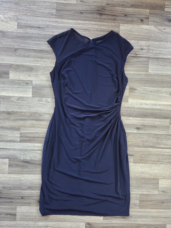 Lauren Ralph Lauren Navy Ruched Sheath Dress 12 Mesh Shoulder Cocktail Minimal