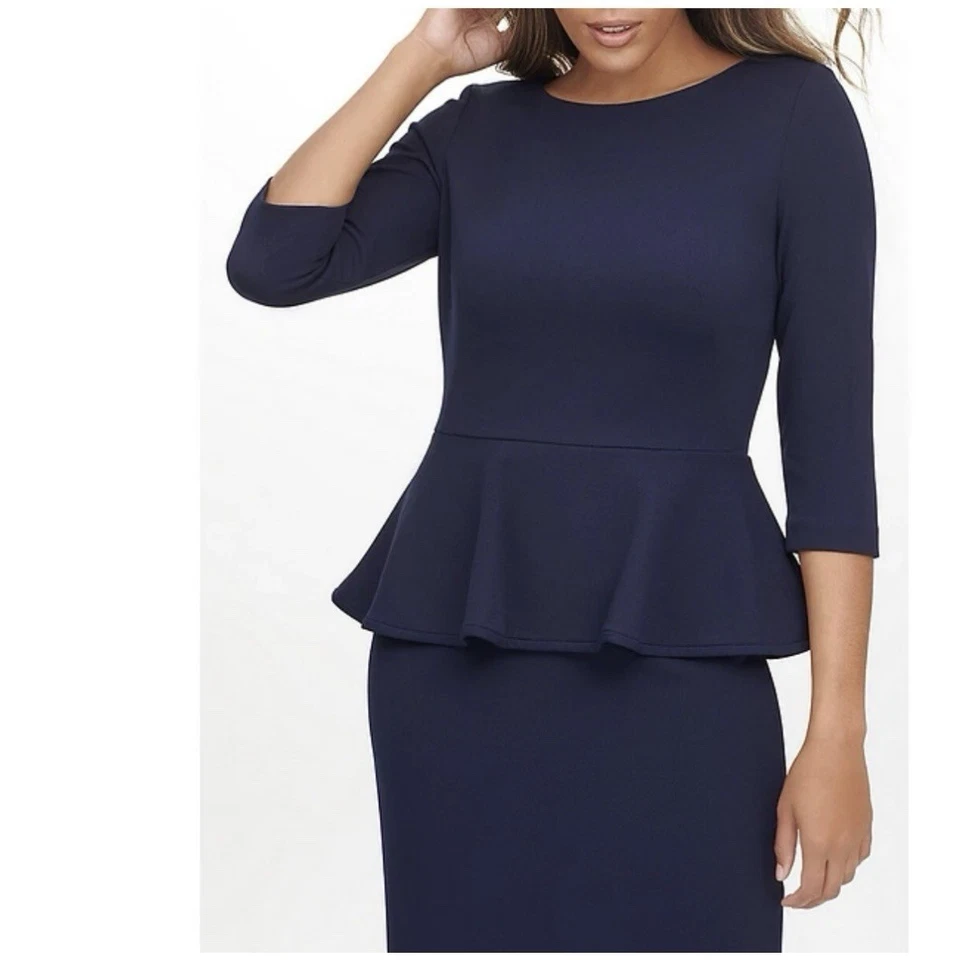 Vestido Vaina Calvin Klein Azul Marino Volantes Peplum Manga 3/4 Talla 16 Foto 2 de 4