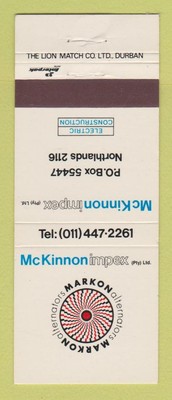 Matchbook Cover - McKinnon Impex Alternators Northlands South Africa