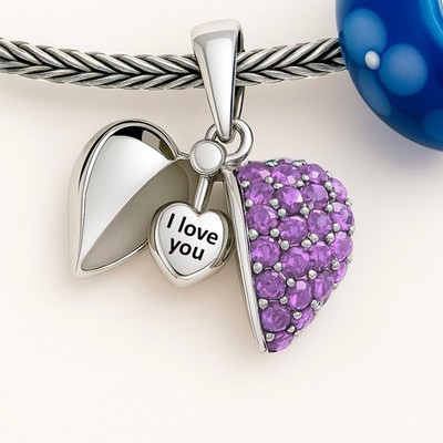 Romantisches ''I Love You'' Kristall Herz für Bettelarmbänder - 925 Sterling Silber